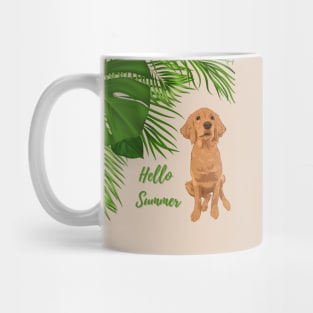 Hello Summer with Golden Retriever Dog and Tropical Palm Leaves Mug